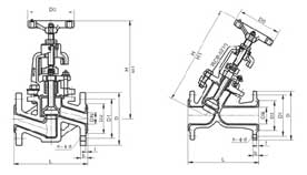 J41F46型衬氟手动法兰截止阀PN10~PN25外形结构尺寸图