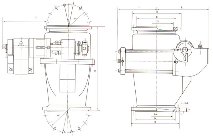 Q648MX球面偏置式气动钟阀外形结构尺寸图