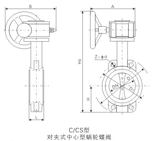 C/CS型蜗轮对夹式中线船用青铜蝶阀基本尺寸